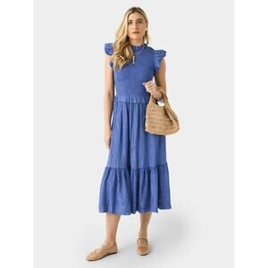 Sea New York‎ Blue Siya Dress, Silk, Smocked Midi Tiered, Spring, Resort, XL